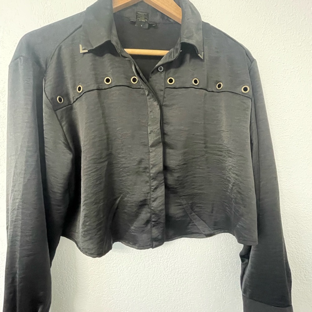 Black Satin Button-Up Shirt with Grommet Detail
